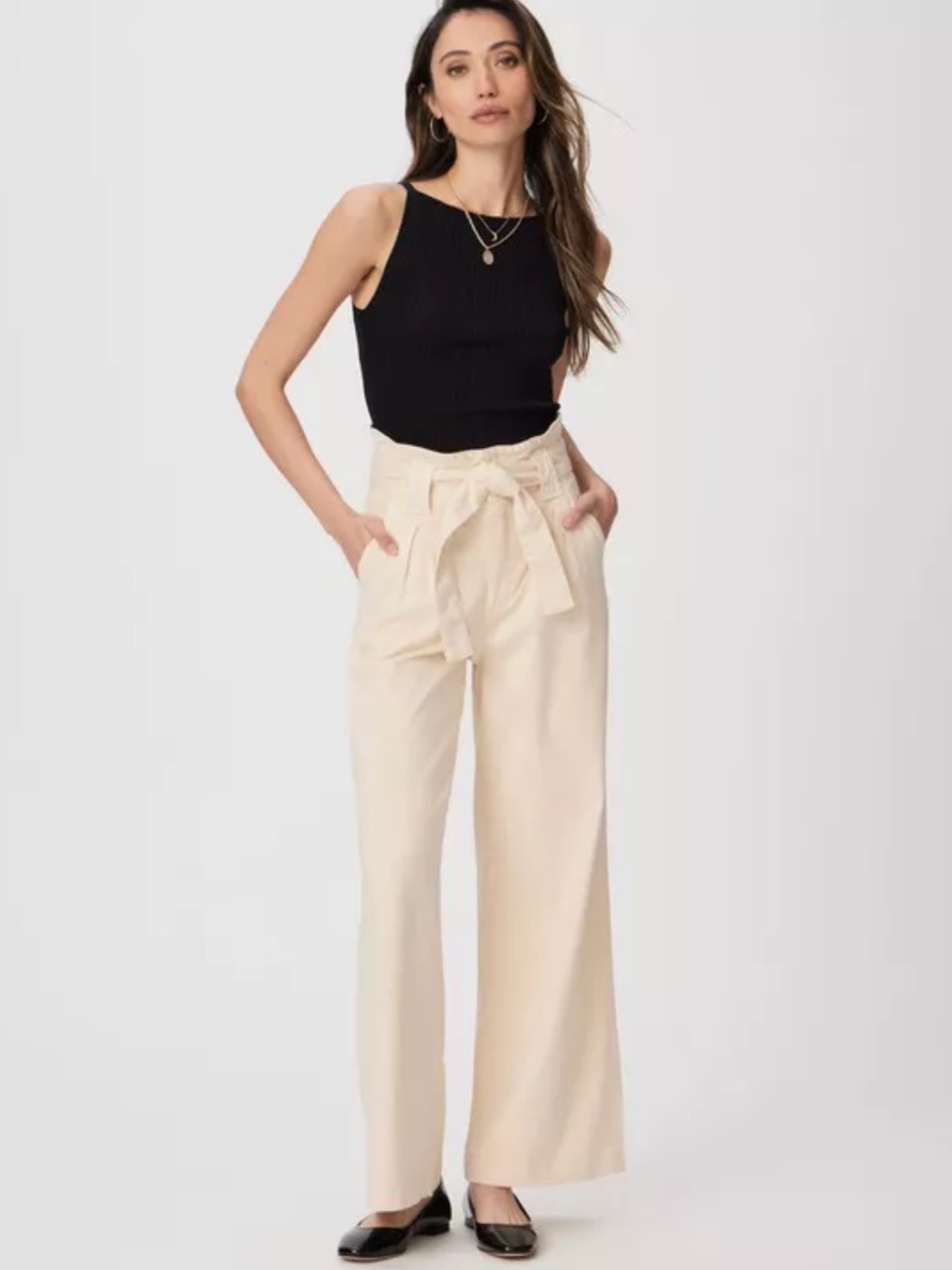 PAIGE Harper Paperbag High Waist Wide Leg Pants in Blonde Sand 26 Coastal Preppy